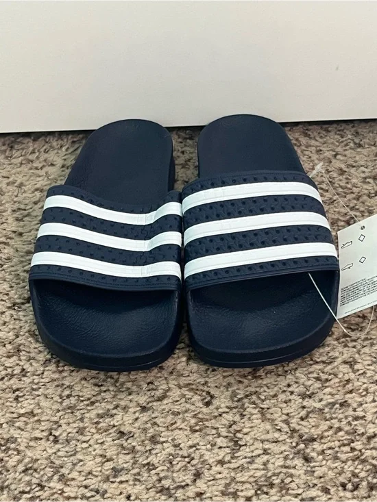 adidas Navy Slide Sandals with White Stripes - Kids