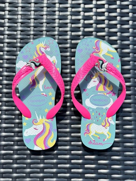 New Havaianas Kids Unicorn Bright Pink and Teal Flip Flops - Size 2