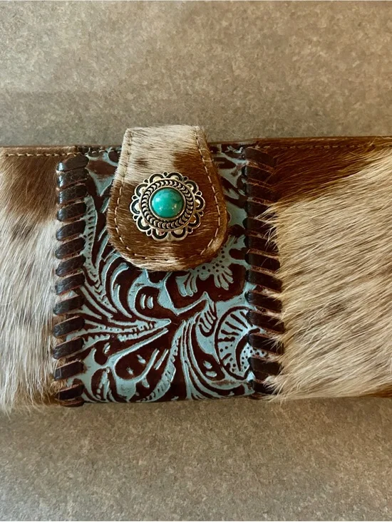 Myra Bag Turquoise Brown Hair-on-Hide Wallet with Tooled Leather