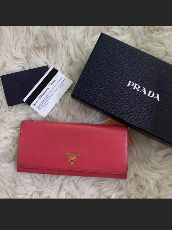 Prada Coral-Pink Saffiano Leather Continental Wallet with Gold Logo