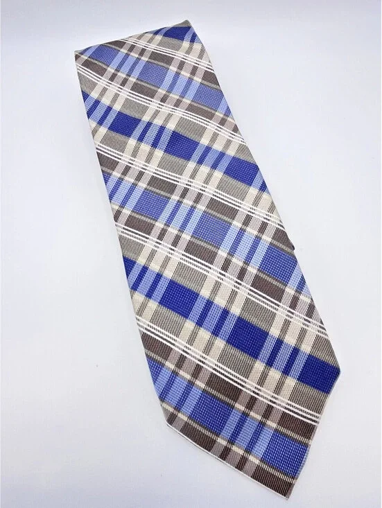 Pronto Uomo Tie Striped Plaid Blue brown Classic Long Retro 3.5 X 64 100% Silk