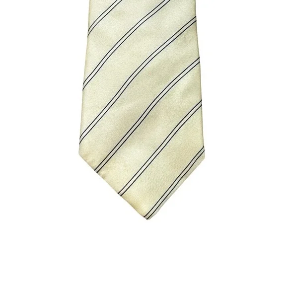 Mens 100% Silk Tie Cream Yellow Navy Blue Diagonal Striped Made in USA Italian