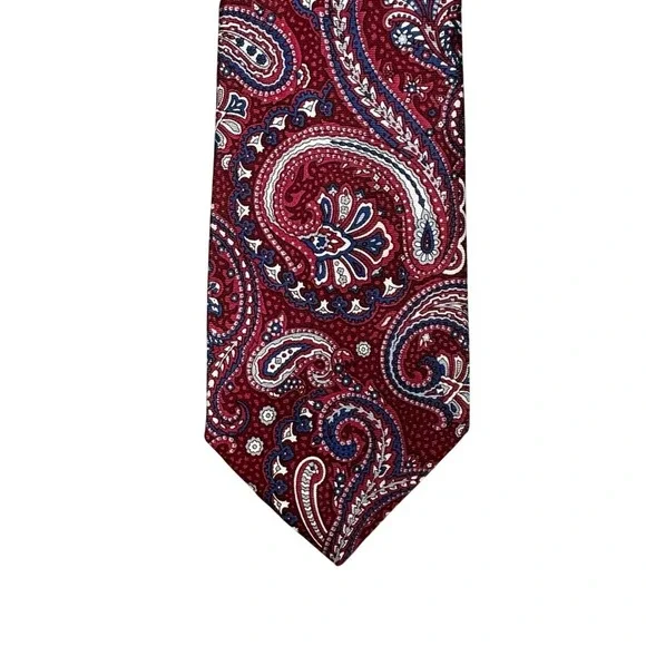 Jos. A. Bank Mens Silk Paisley Necktie Burgundy Red Navy Blue White 59 Inch