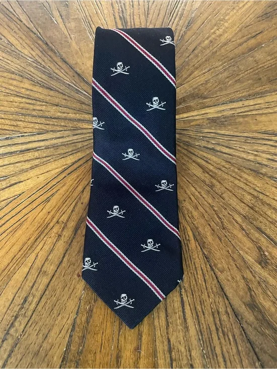 Vintage Polo Ralph Lauren Black Tie with White Skull Motif and Red-Trim Stripes