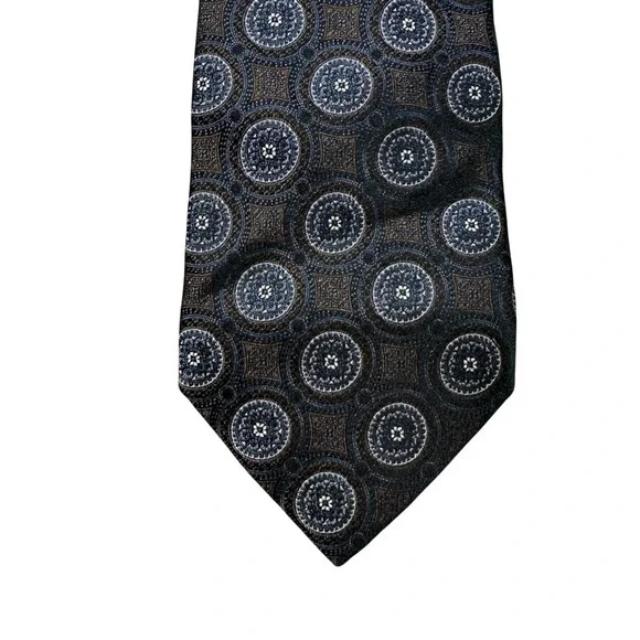 Jos A Bank Signature Collection Silk Tie Navy Blue Brown Geometric Medallion