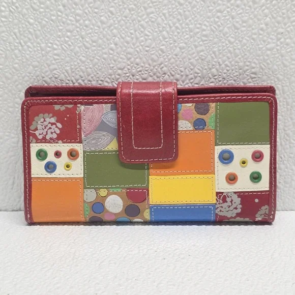 Fossil Red Leather Multicolor Patchwork Wallet Vintage