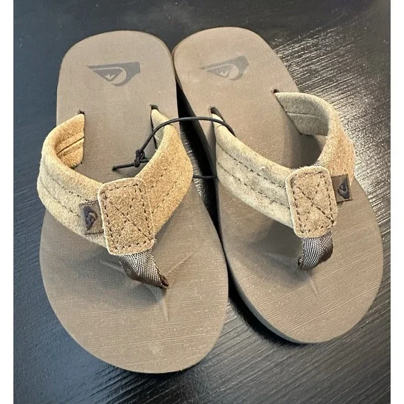 New Quiksilver Boy's Brown Carver Suede Fixed Strap Kids Flip Flop - Size‎ 12