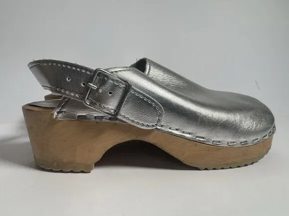 Vollsjo Sweden Silver Leather Wooden Slingback Clogs Girls EU 31 US 13