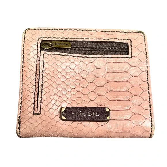 Fossil Pink Snakeskin Embossed Leather Bifold Wallet Small Grey Interior