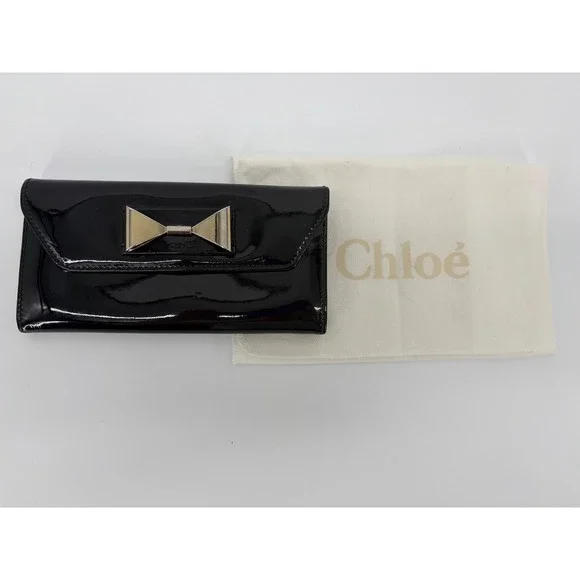 Luxury Chloé Black‎ Patent Leather Bow Continental Wallet Clutch Gold Hardware