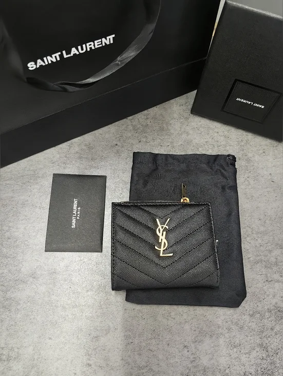 Saint Laurent Black Quilted YSL Logo Wallet with Gold Hardware