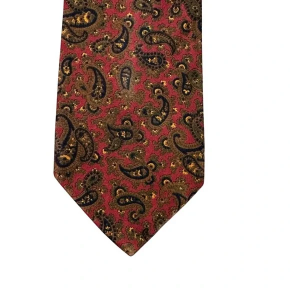 Steve Scheiner Mens Paisley Tie Burgundy Red Olive Green 100% Cotton Vintage