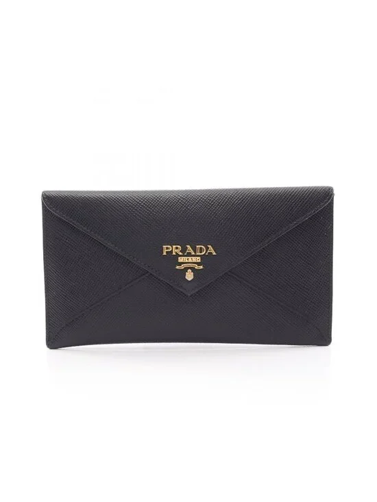 Prada Bifold Wallet Saffiano Cuir Envelope Black Leather