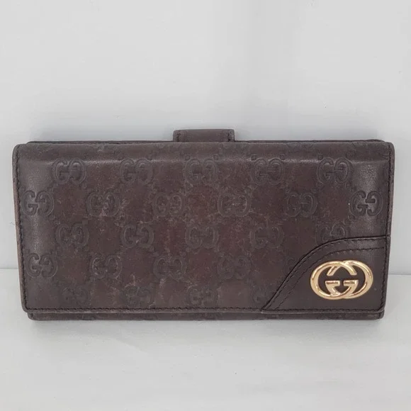 AuthenticGucci Guccissima Leather Long Wallet Brown GG Monogram Gold Logo