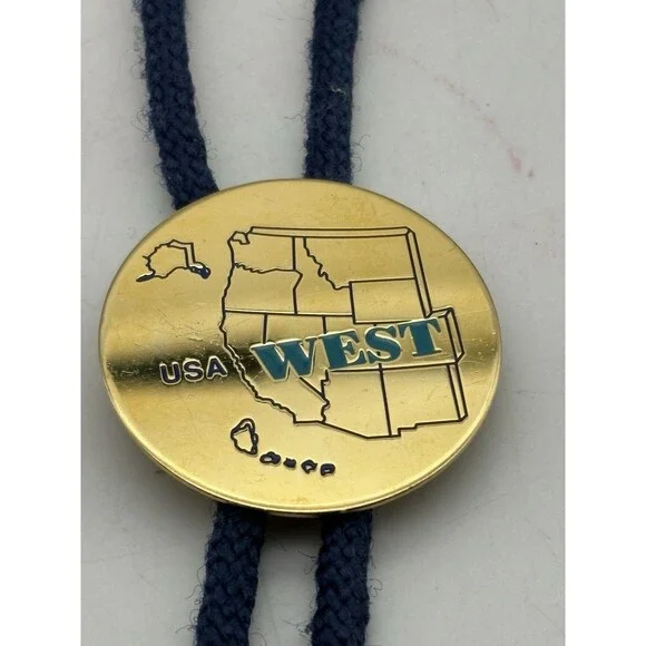 Vintage USA West Map Bolo Tie Gold Tone Blue Cord Western Cowboy Southwest