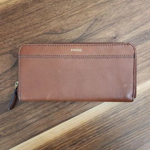 Fossil Tiegan Wallet Womens Brown Leather Zip Around Accordion Clutch Organizer