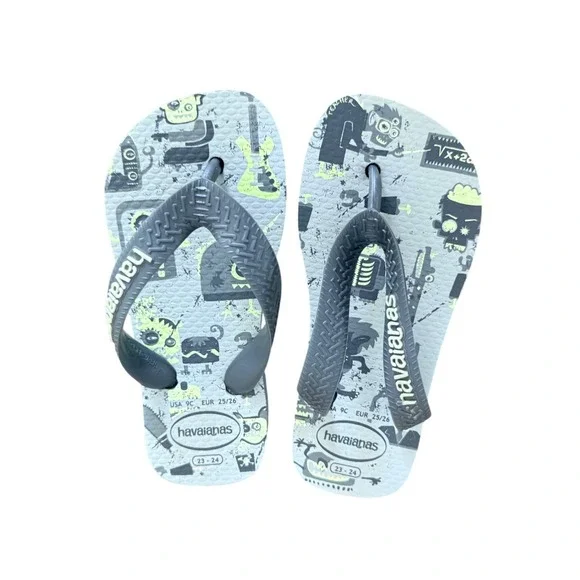 Havaianas Kids Monster Rock Graphic Flip Flops Grey‎ Neon Green USA 9C EUR 25/26