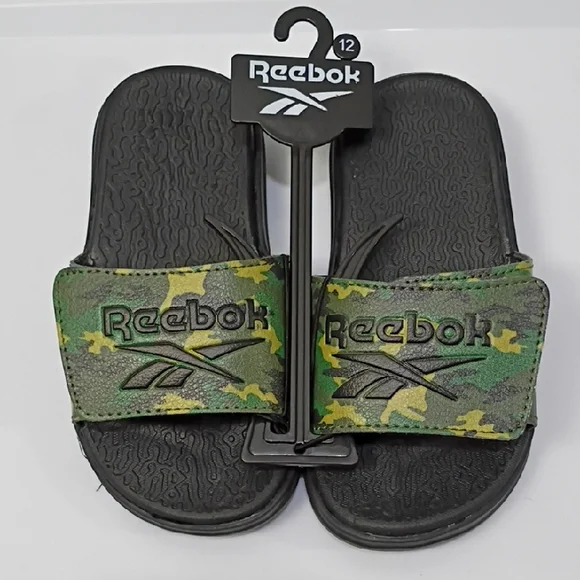 REEBOK KID'S SLIDE SANDALS - Green & Yellow and Black Camo Strap - SIZE 12 NWT