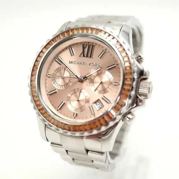 Michael Kors Silver Tone 42mm Chronograph Watch Rose Salmon MK5870 New Battery