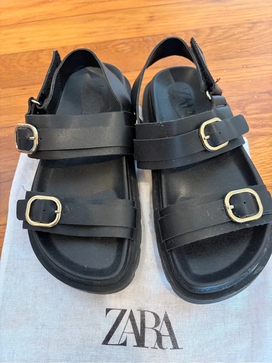 Zara Black Slide Sandals with Gold Buckles