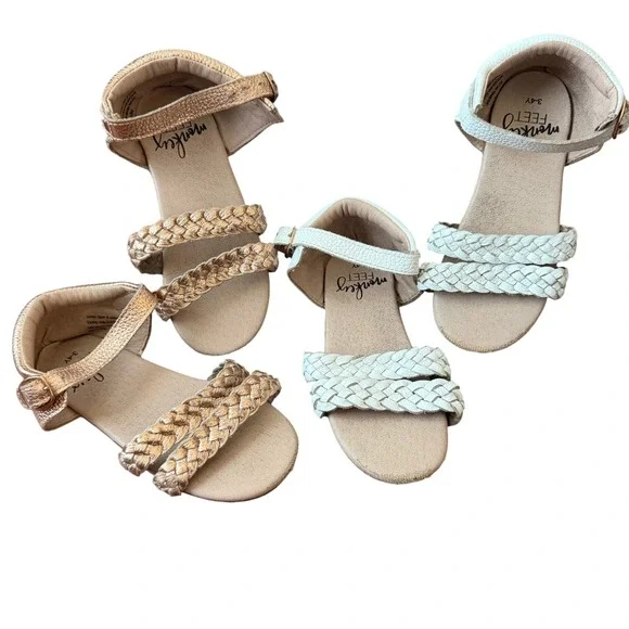 Monkey Feet Kids 11 Braided Leather‎ Sandals Gold White Size 3-4Y Boho Summer