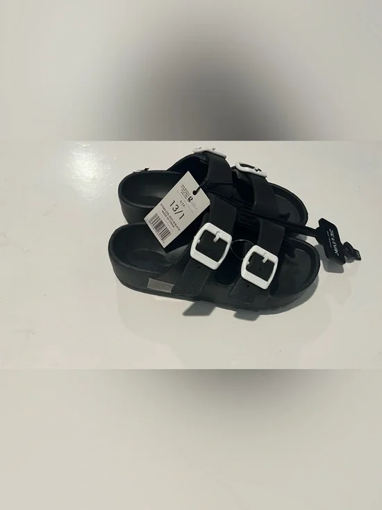 Kids Black Double-Buckle Slide Sandals with White Buckles