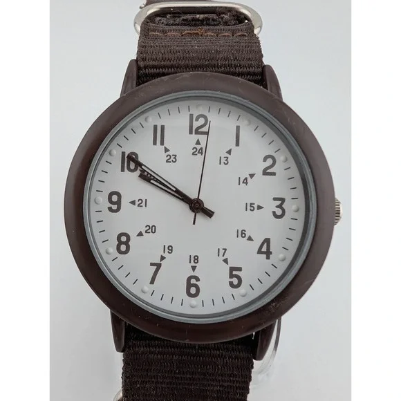 Xhilaration Watch Men 41mm Case Military Time Brown Canvas Strap-‎ New Battery