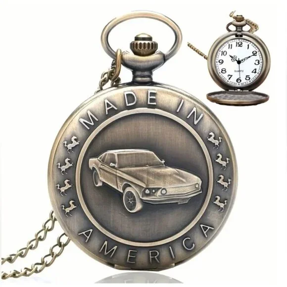 Pocket Chain Watch Mustang Car Flip Open Bronze Tone Quartz Second Hand