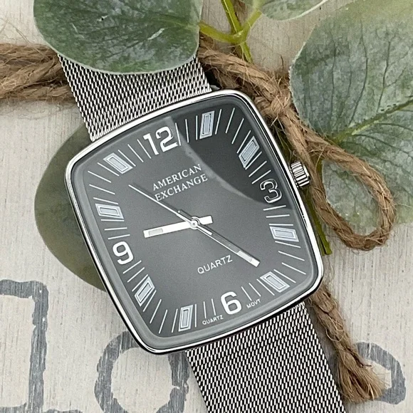 American Exchange Quartz Men’s Watch Square Face‎ Silver Tone Movt #7231 Used