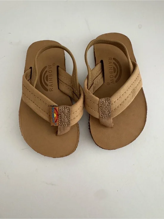 Rainbow Kids Tan Leather-Look Flip Flops with Rainbow Accent