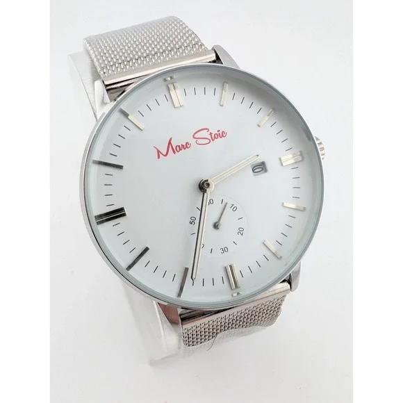 Marc Stoic Watch Men 40mm‎ Case Silver Mesh Metal Adjustable Band- New Battery