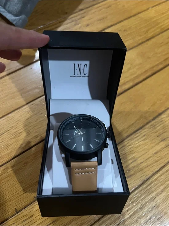 INC International Concepts Black Dial Watch with Tan Leather Strap