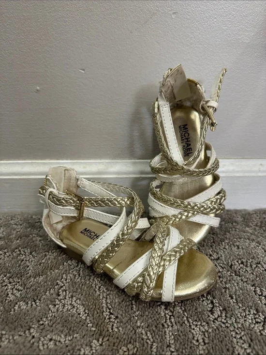 Michael Kors White and Gold Braided Strap Sandals