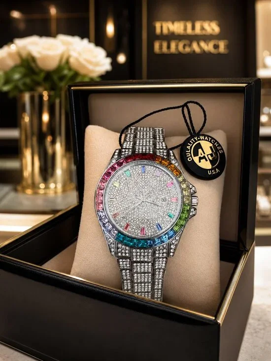AJ USA Men's Crystal Pavé Stainless Steel Watch NEW