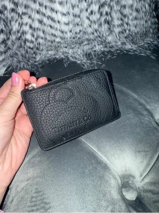 Tiffany & Co. Black Pebbled Leather Zip Card Case with Logo Emboss