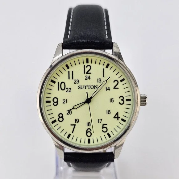 Sutton Field Men's Watch 41MM Yellow Dial NEW Black Leather Bands NEW Battery