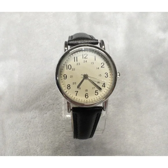 Mens Minimalist 30mm Watch Black Leather Strap 24 Hour Dial Silver Case