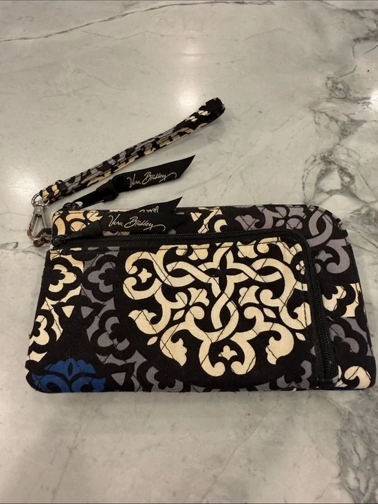 Vera Bradley Zip-Around Wallet Wristlet Black Gray Blue Floral EUC