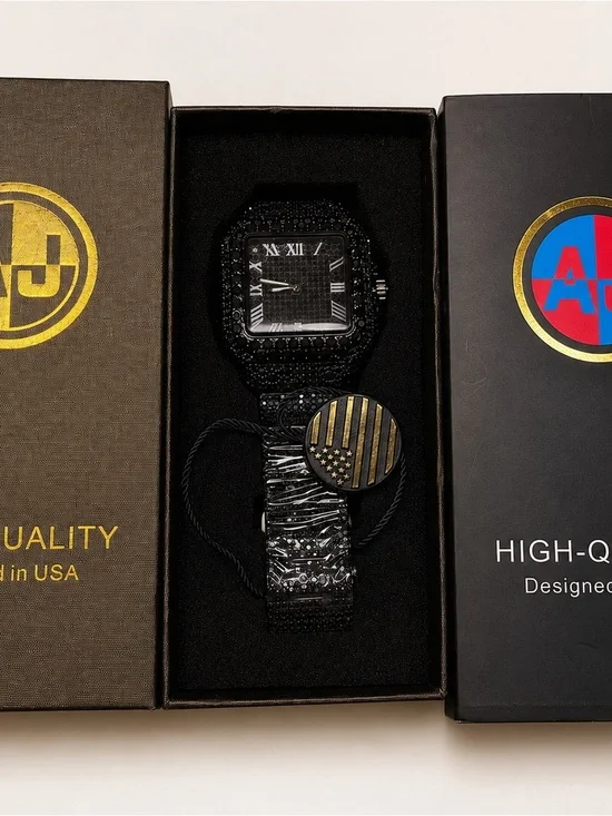 Original AJ Black ice square watch / Roman numeral dial / luxury stainless steel