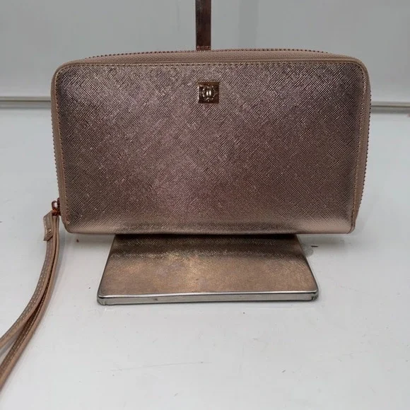 Nanette Lepore Rose Gold Metallic Crossgrain Zip Around Wristlet Wallet