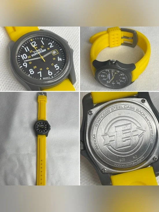 VTG Timex Expedition Classic Camper Watch Indiglo New Rubber Strap Yellow Accent