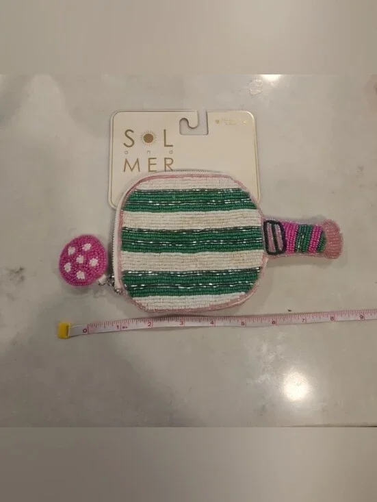 New Sol and Mer Beaded Pickle Ball zip card/coin bag wallet