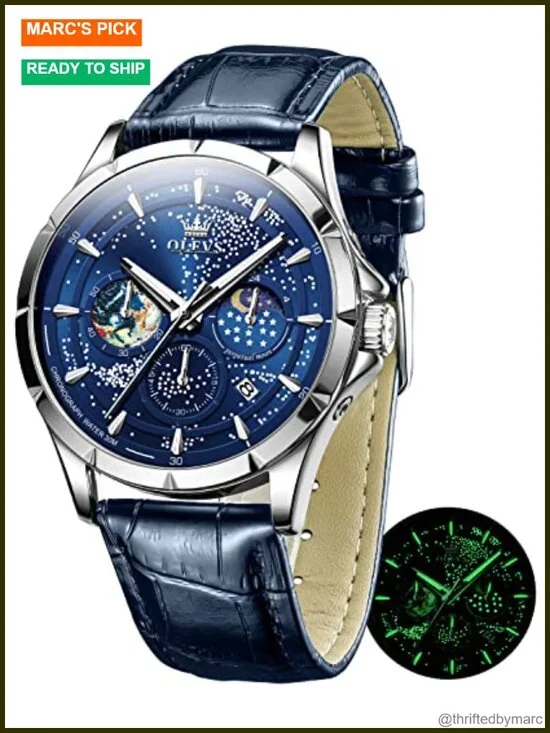 Starry Sky Moon Phase Dial Mens Quartz Wrist Watch with Luminous Hands and Date