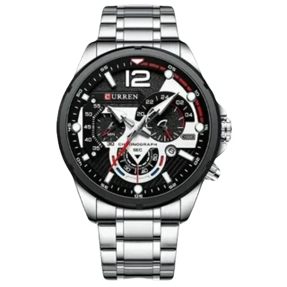 New Silver Chronograph Mens Sport Quartz Waterproof Luxury Stainless Steel Watch