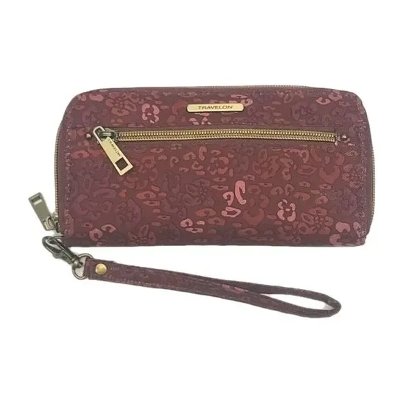 Travelon Wallet Wristlet Burgundy Floral Nylon 7.5