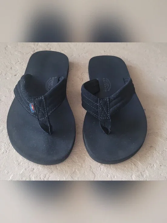 Size 2-3 Rainbow Leather Wide Strap  Black Flip Flops Kids Sandals
