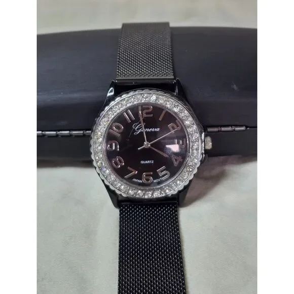 Women's Geneva Black Rhinestone Fashion Watch - 38mm on Mesh Band - New Battery!