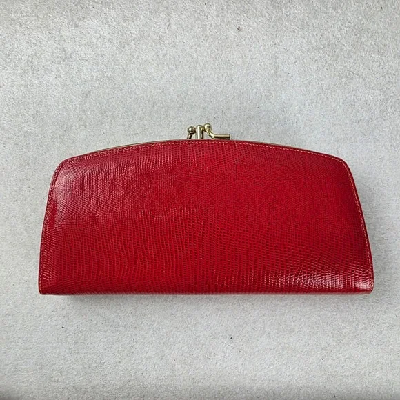 Baronet Fifth Avenue Vintage Red Lizard Embossed Leather Kiss Lock Clutch Wallet