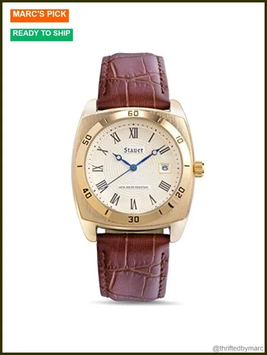 36mm Gold-Finished Alloy Watch with Genuine Brown Leather Band