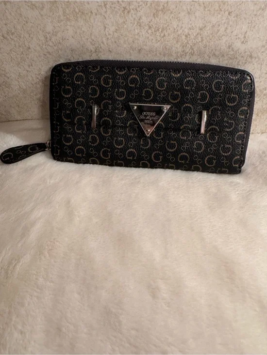 Guess Black Monogram Zip Wallet with Silver Logo